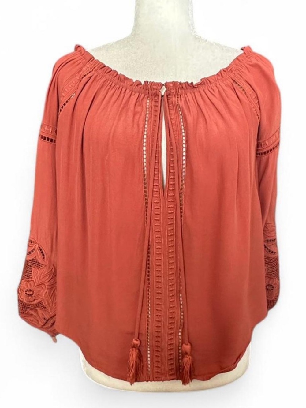 💜 ASTR the Label Coral Boho Peasant Floral Lace Detail Blouse (S)